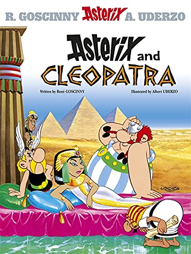 Cover of Asterix and Cleopatra comic book with characters and pyramids.