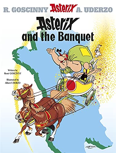 Asterix and Obelix in a chariot pulled by horses, comic book cover.