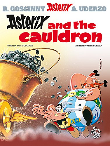 Asterix and Obelix with a large cauldron overflowing with coins.