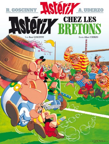 Asterix comic book cover featuring characters and a large wooden barrel.