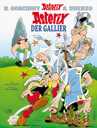 Asterix comic book cover featuring Asterix, Obelix, and Roman soldiers.