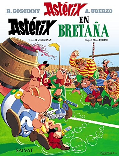 Asterix comic book cover in Spanish, featuring characters and a barrel.