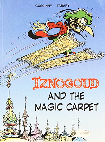 Iznogoud flies on a magic carpet over a detailed city skyline.