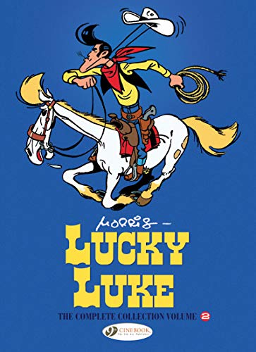 Cartoon cover of cowboy Lucky Luke riding a white horse, lasso in hand.