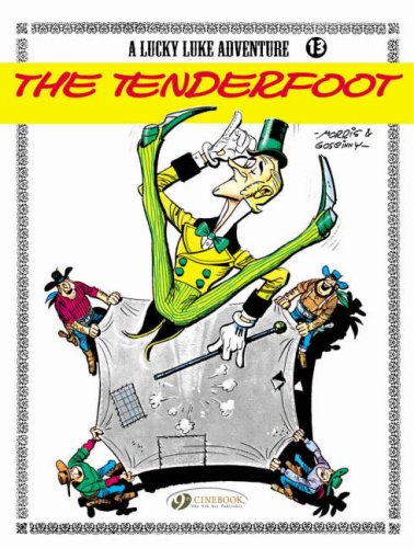 Comic book cover featuring Lucky Luke and a grasshopper, with cowboys.