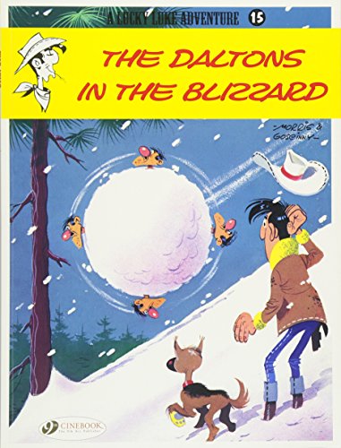 Lucky Luke comic cover: Daltons chased by a large snowball in snow.