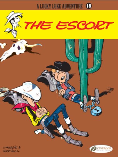 Lucky Luke comic book cover: cowboy with bound prisoners in desert.