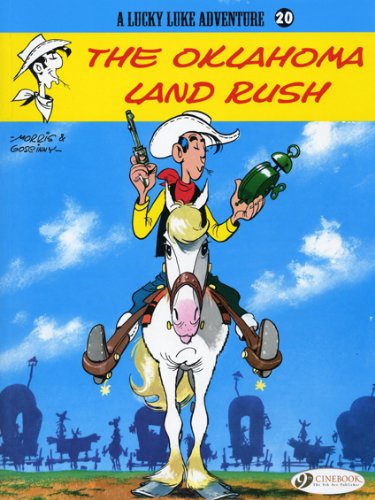 Lucky Luke on a white horse, holding a rifle, with a blue sky background.