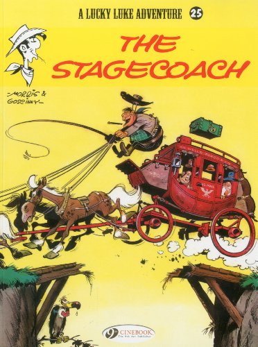 Lucky Luke comic cover showing a stagecoach jumping over a broken wooden bridge.