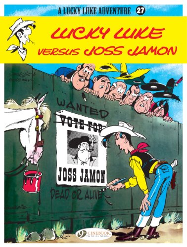 Lucky Luke comic cover: cowboy drawing, wanted poster, and onlookers.