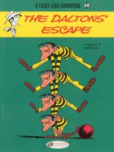 Lucky Luke comic cover: The Dalton brothers in striped suits escaping.