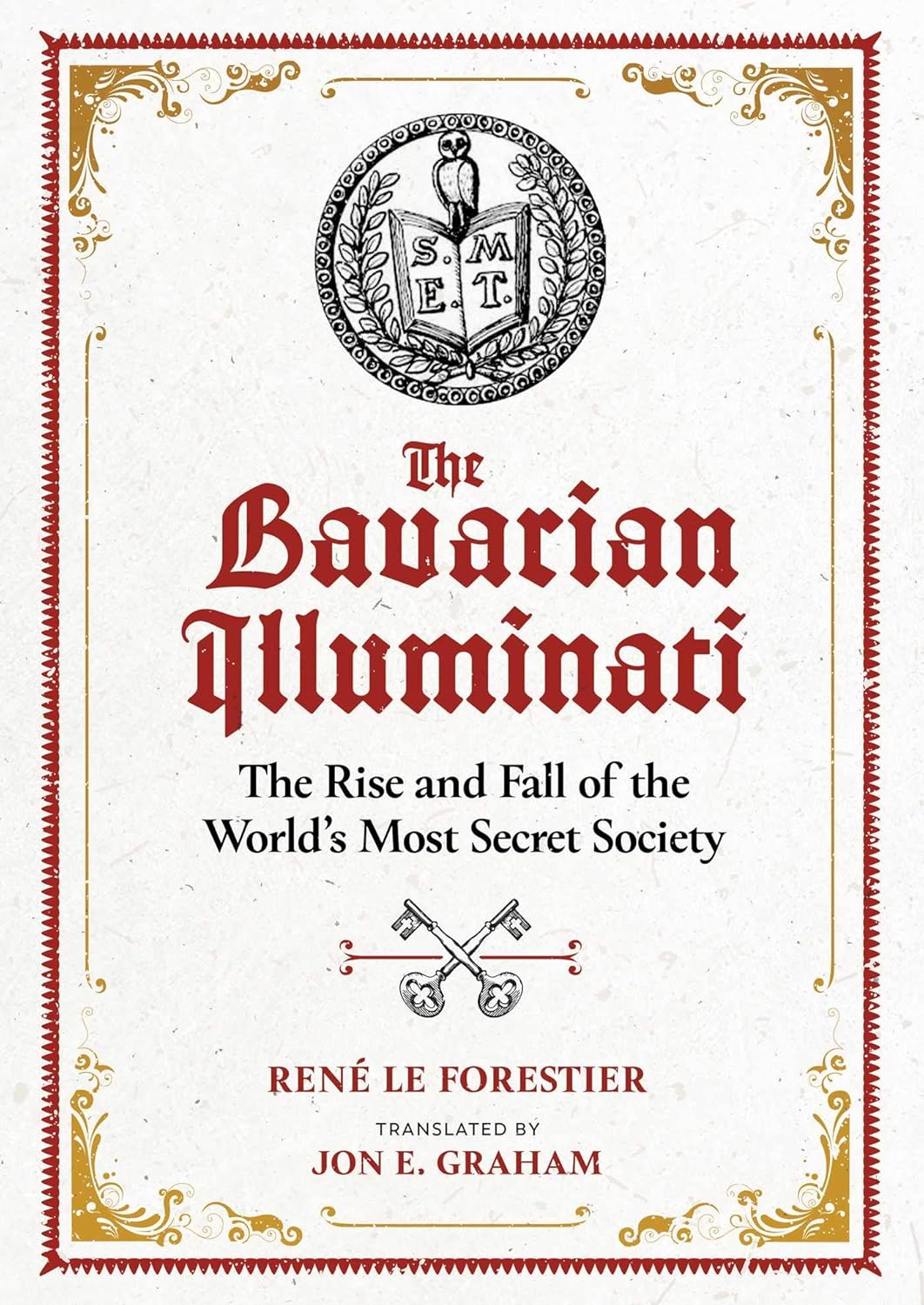 Book cover featuring ornate gold frame, text, and an emblem with keys.