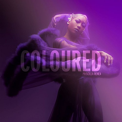 "Album cover with woman in purple-lit background, wearing flowing outfit and fur shawl."