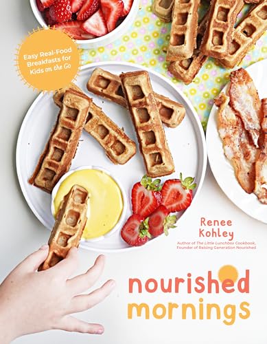 Cookbook cover with waffles, strawberries, bacon, and a child’s hand.