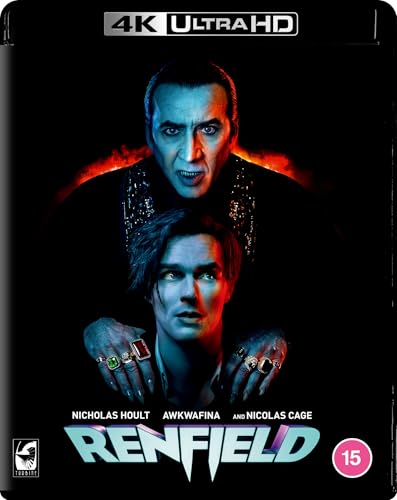Renfield Blu-ray cover featuring Nicolas Cage and Nicholas Hoult in a dark scene.