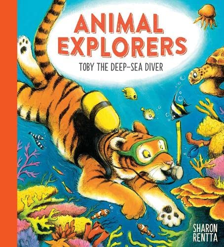 Tiger wearing diving gear swims among coral and colorful fish.