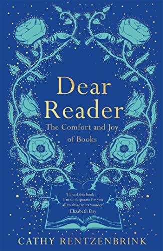 Book cover with floral design, open book illustration, and blue color scheme.