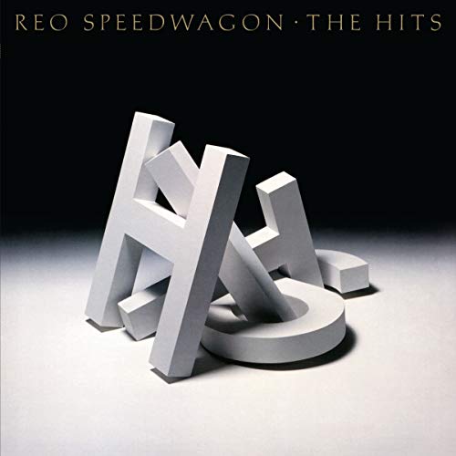 Reo Speedwagon “The Hits” vinyl album cover with abstract white letterforms.