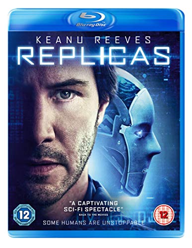 Blu-ray cover for "Replicas" featuring Keanu Reeves and a robotic head.