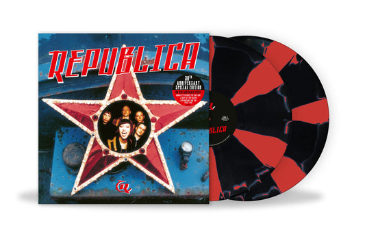 Republica album cover and red-and-black swirled vinyl record.