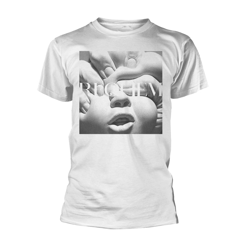 White t-shirt with black and white image of a baby’s face and hands.