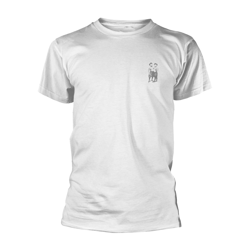 White t-shirt with small, grayscale illustration of two figures.