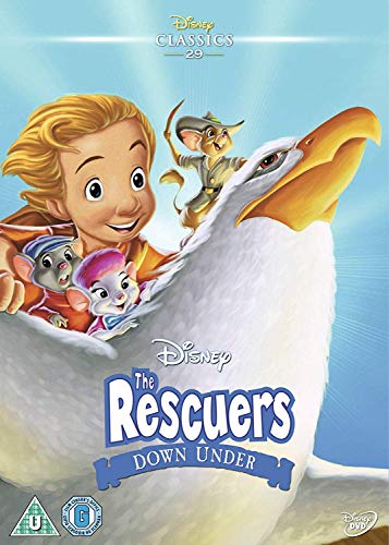 DVD cover art for The Rescuers Down Under featuring Cody and the mice riding Marahute.