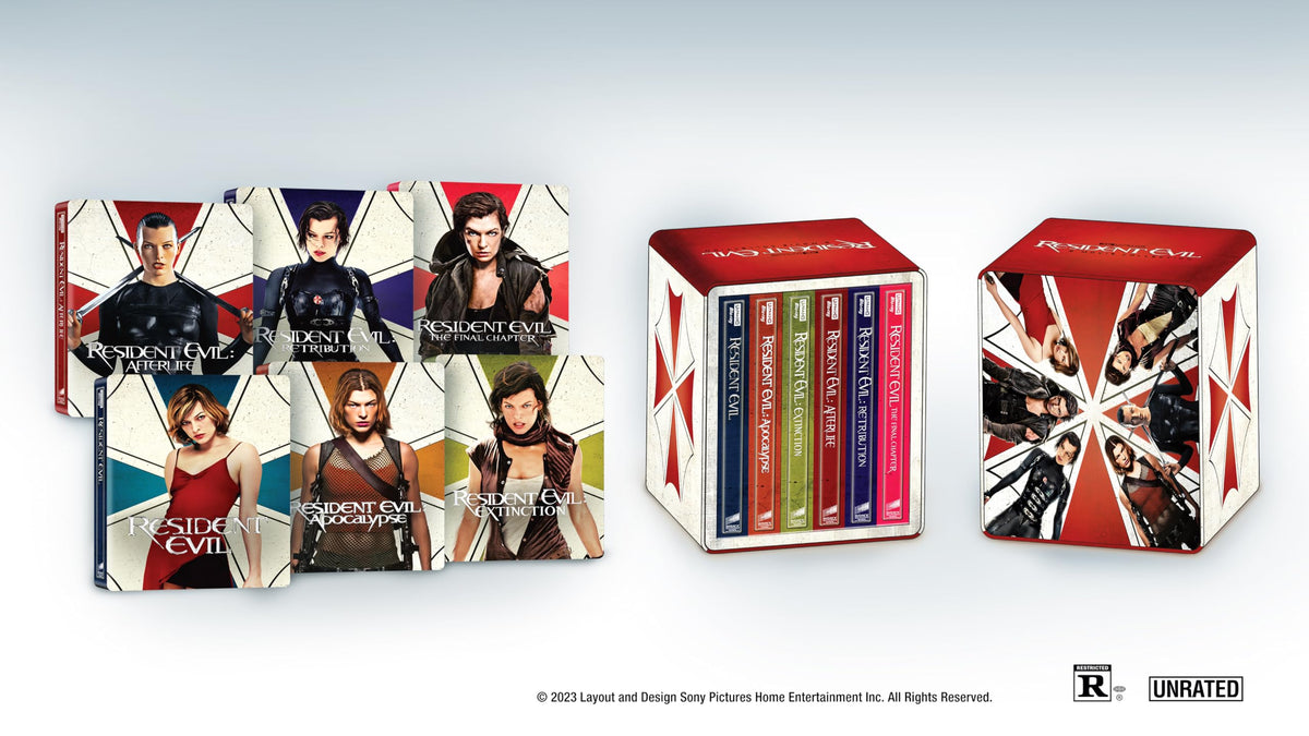 Blu-ray collection of six “Resident Evil” movies with character artwork.