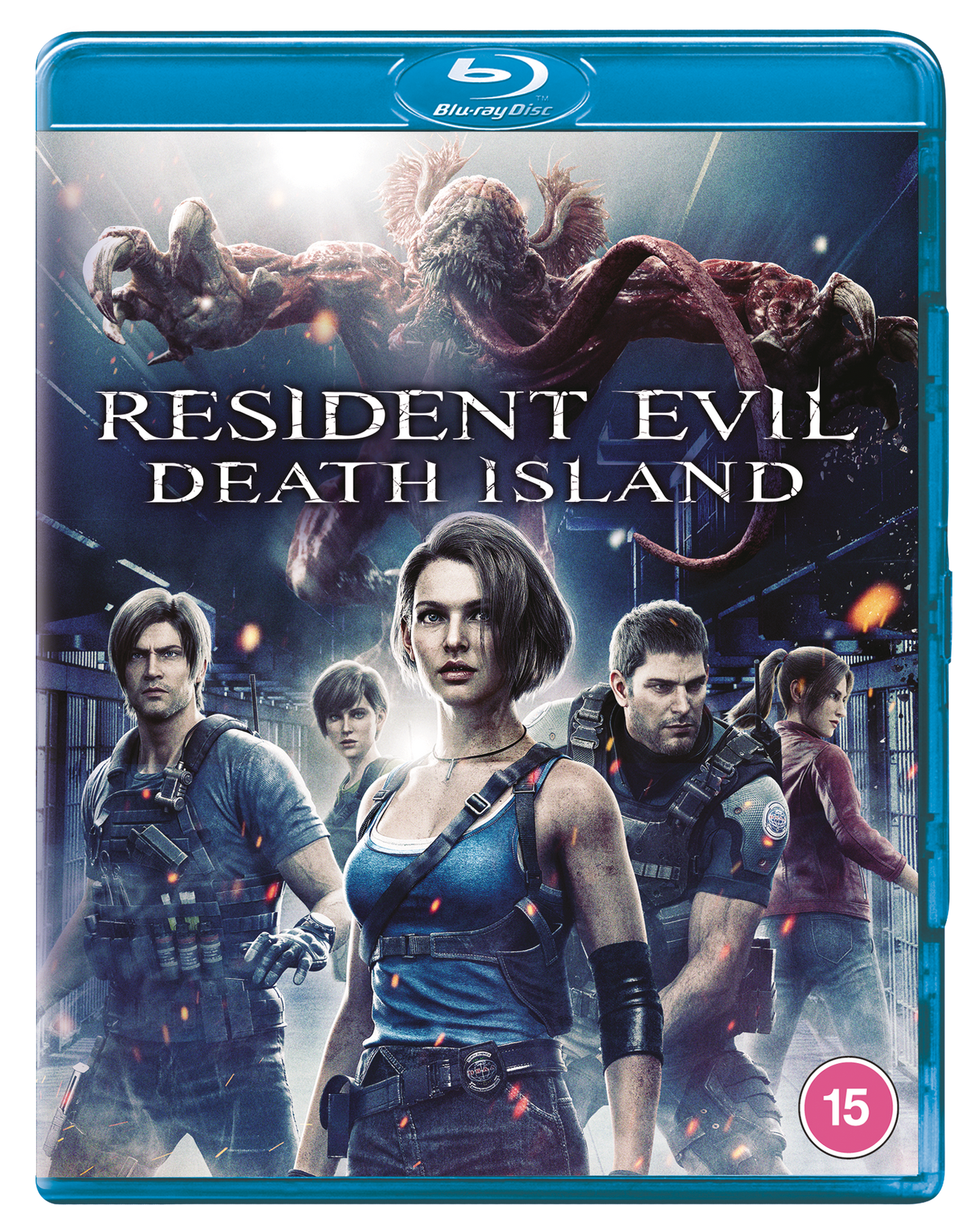 "Blue Blu-ray case with 'Resident Evil: Death Island' cover art featuring characters and a monster."