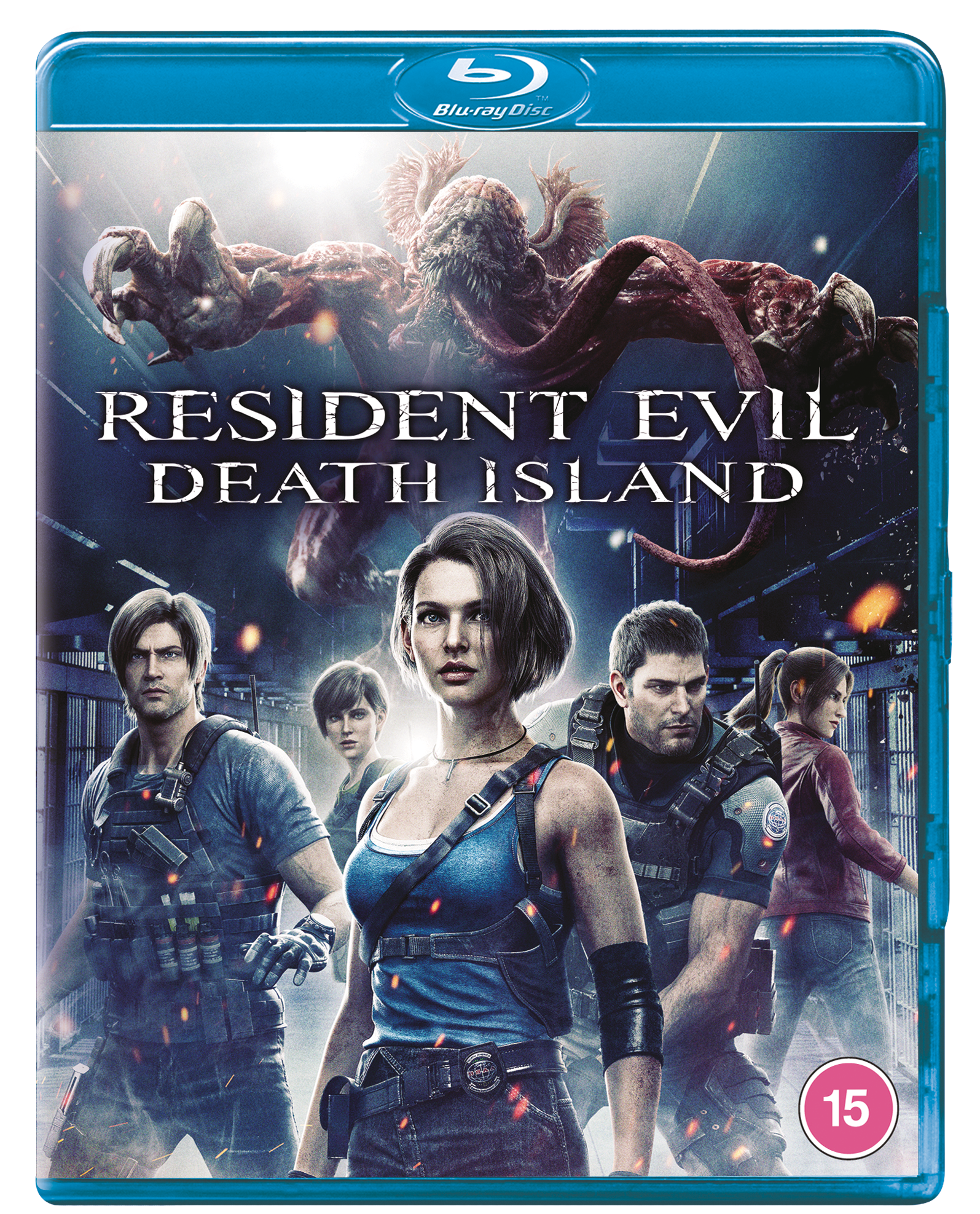 "Blue Blu-ray case with 'Resident Evil: Death Island' cover art featuring characters and a monster."