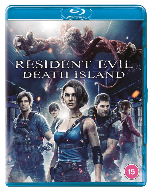 "Blue Blu-ray case with 'Resident Evil: Death Island' cover art featuring characters and a monster."