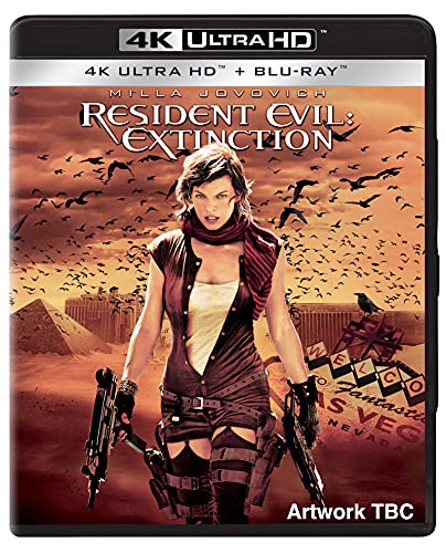 Resident Evil: Extinction" Blu-ray cover featuring Milla Jovovich with a desert background.