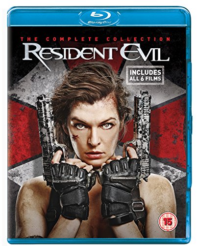 Blu-ray cover featuring Milla Jovovich holding two handguns against a red Umbrella Corporation logo.