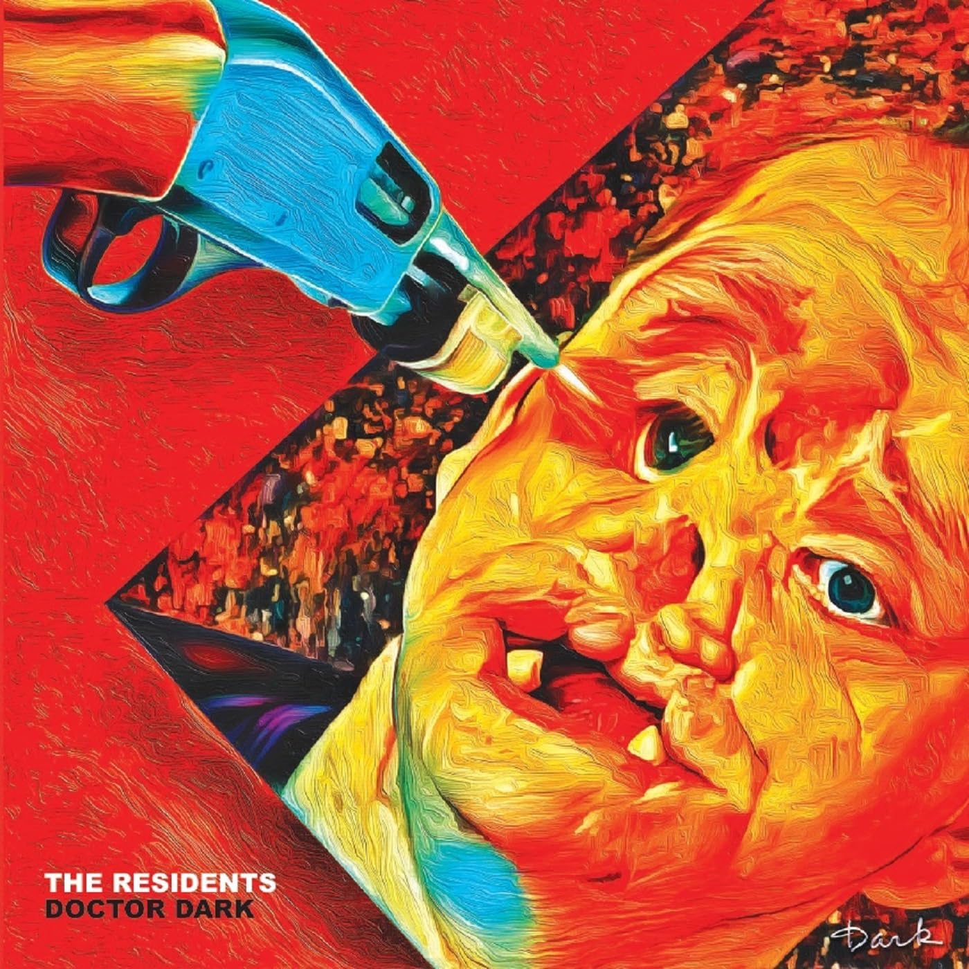 A blue gun points toward the face of a doll on a red background.
