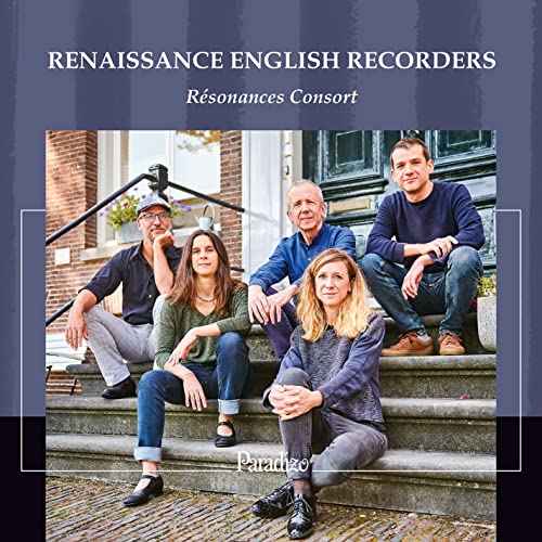 CD cover featuring five people seated on steps in front of houses.