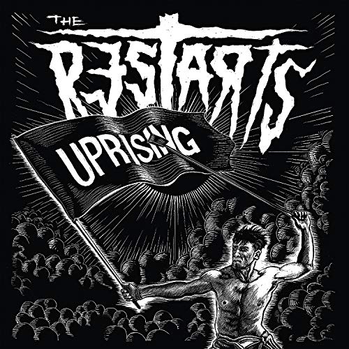 Black and white illustration of a person raising a flag with "Uprising".