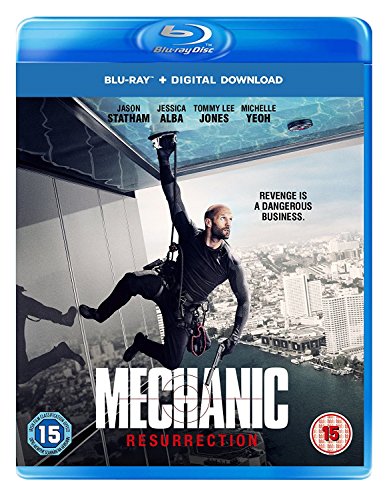 Blu-ray cover for "Mechanic: Resurrection" featuring Jason Statham scaling a skyscraper.