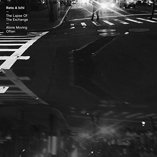Black and white city street scene with white text on the left side.