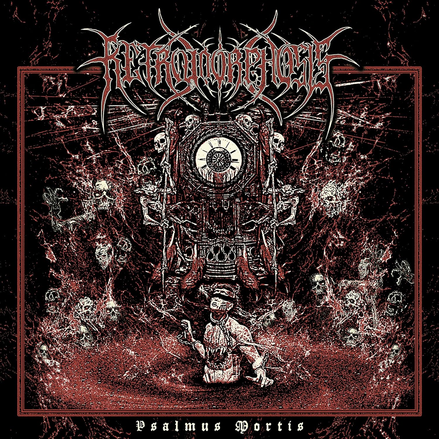 Dark album cover with skeletal figures surrounding a clock and ornate throne.