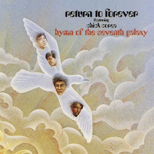 Album cover featuring a bird made of clouds containing four musicians' faces against clouds.