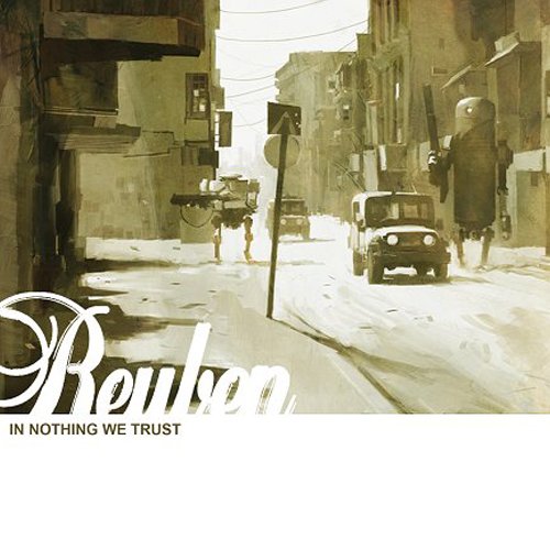 Sepia-toned illustration of a city street with robots and vehicles.