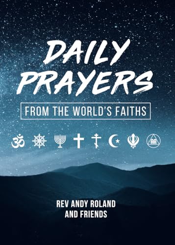 Book cover with a starry night sky, mountains, and various religious symbols.