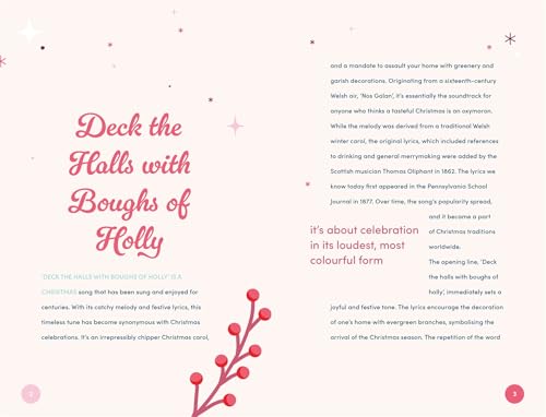 Open book page with text about "Deck the Halls," and holly illustrations.