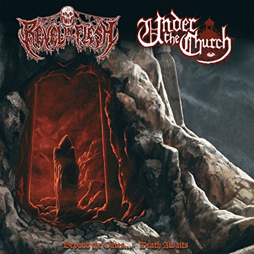 A vinyl record cover featuring a dark, eerie cave with a glowing red portal.