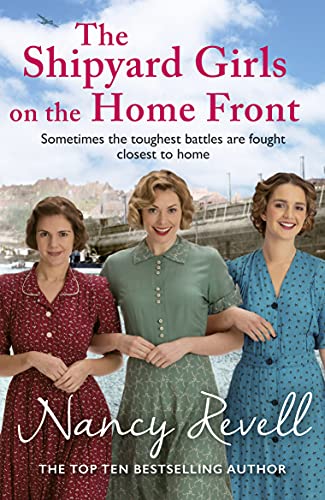 Book cover featuring three women in 1940s attire with a shipyard background.