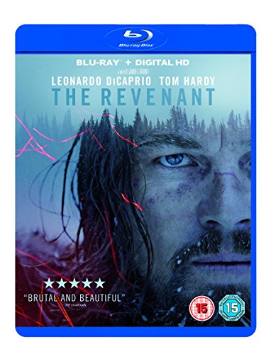 Blu-ray cover for The Revenant featuring a close-up of Leonardo DiCaprio’s face.