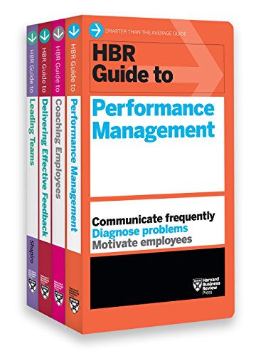 Four orange and blue HBR Guides to Performance Management books stacked together.
