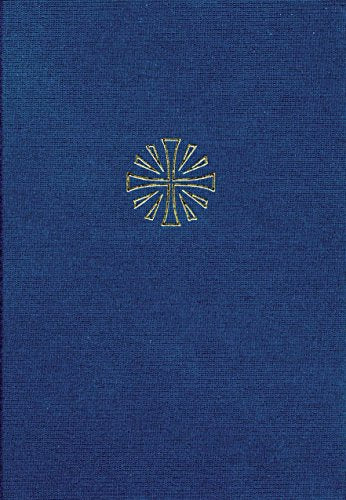 Blue Catholic Bible cover with a gold, ornate cross emblem.