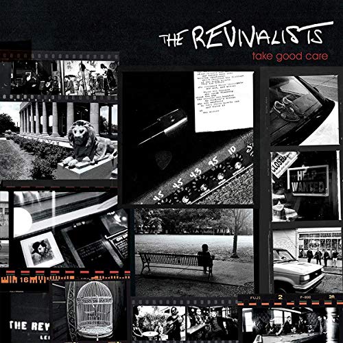 Black and white album cover collage with film strip borders.