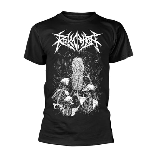 Black t-shirt with white, detailed skeletal and mushroom artwork.